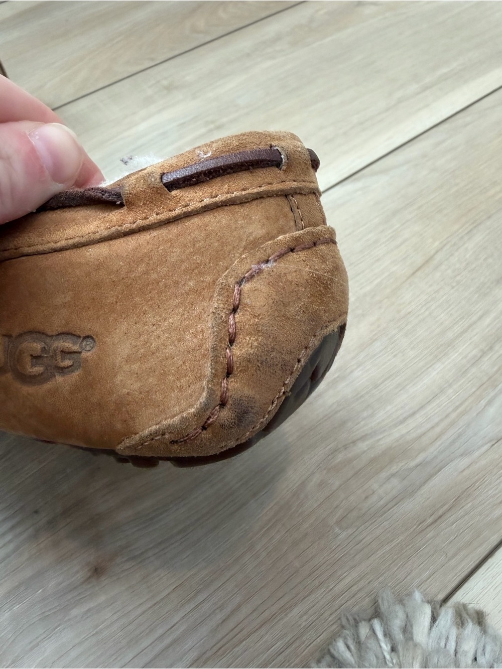 UGG Chestnut Suede Moccasin Slippers with Shearling Trim - Picture 11 of 12